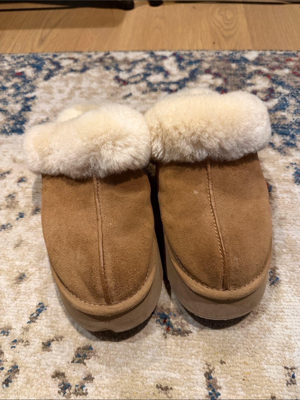 UGG Chestnut Sheepskin Clog Slippers with Cream Fur Trim